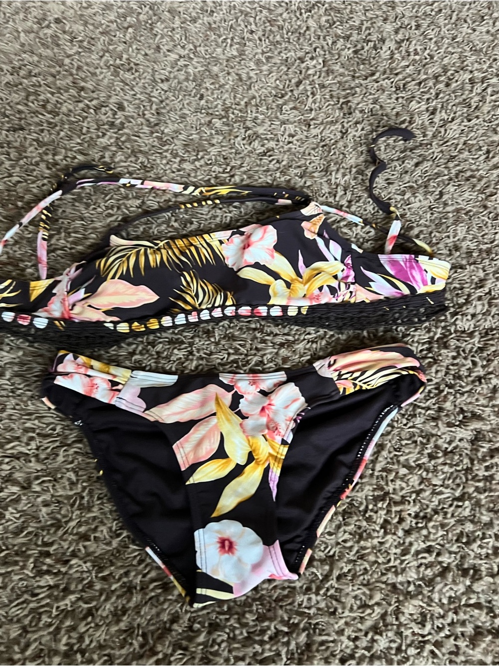 Xhilaration Black Floral Bikini Bottoms with Pink and Yellow Accents